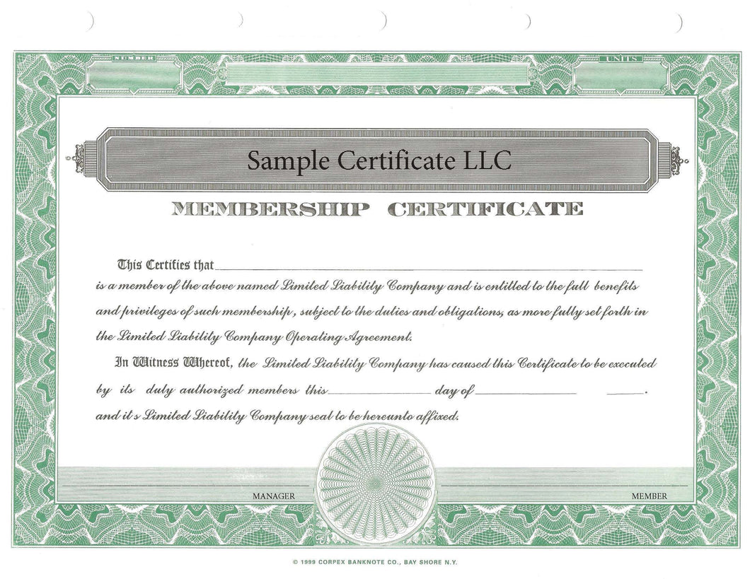 Printed LLC Certificates - Set of 20