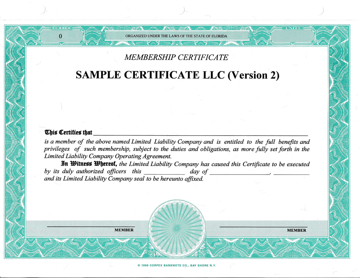 Blank LLC (Version 2) Certificates - Set of 100 – Stock Certificates